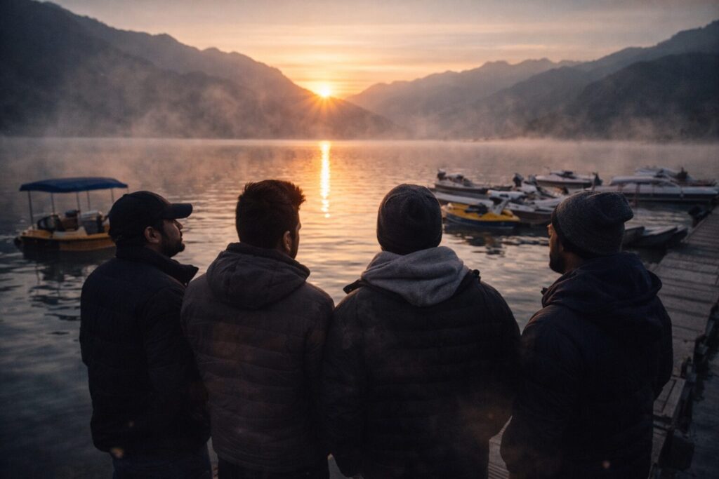 Boys in Tehri Lake Sunrise